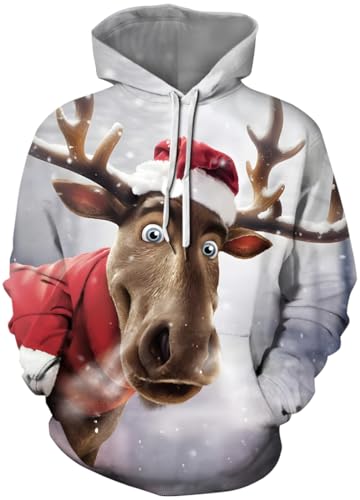 PADOLA Weihnachts Hoodie Herren 3D Druck Weihnachtspullover mit Tasche Casual Weihnachtspulli Christmas Hoodie X-Mas Sweatshirt Halloween Weihnachten Christmas Motiv (0 Hirsch Schnee, M) von PADOLA