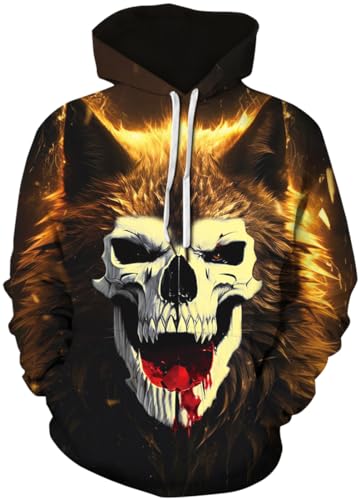 PADOLA Weihnachts Hoodie Herren 3D Druck Weihnachtspullover mit Tasche Casual Weihnachtspulli Christmas Hoodie X-Mas Sweatshirt Halloween Weihnachten Christmas Motiv (2 Blut Schädelwolf, 3XL) von PADOLA