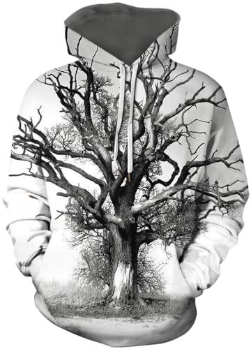 PADOLA Weihnachts Hoodie Herren 3D Druck Weihnachtspullover mit Tasche Casual Weihnachtspulli Christmas Hoodie X-Mas Sweatshirt Halloween Weihnachten Christmas Motiv (Grauer Altbaum, XL) von PADOLA