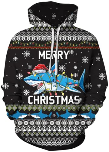 PADOLA Weihnachts Hoodie Herren 3D Druck Weihnachtspullover mit Tasche Casual Weihnachtspulli Christmas Hoodie X-Mas Sweatshirt Halloween Weihnachten Christmas Motiv (Haifisch Lämpchen, 3XL) von PADOLA