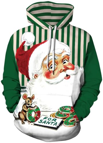 PADOLA Weihnachts Hoodie Herren 3D Druck Weihnachtspullover mit Tasche Casual Weihnachtspulli Christmas Hoodie X-Mas Sweatshirt Halloween Weihnachten Christmas Motiv (Santa Grüne Strifen, 3XL) von PADOLA