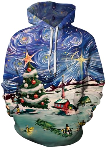 PADOLA Weihnachts Hoodie Herren 3D Druck Weihnachtspullover mit Tasche Casual Weihnachtspulli Christmas Hoodie X-Mas Sweatshirt Halloween Weihnachten Christmas Motiv (Weihnachtsbaum Häuse, 3XL) von PADOLA