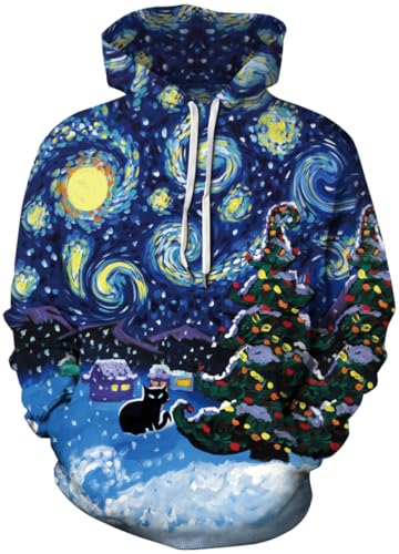 PADOLA Weihnachts Hoodie Herren 3D Druck Weihnachtspullover mit Tasche Casual Weihnachtspulli Christmas Hoodie X-Mas Sweatshirt Halloween Weihnachten Christmas Motiv (Weihnachtsbaum Katze, 3XL) von PADOLA