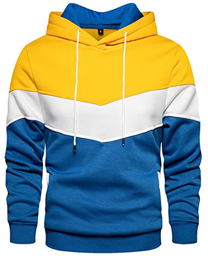 PADOLA Herren Kapuzenpullover Patchwork Pullover Camouflage Hoodie Y2K Langarm Farbblock Sweatshirt Winter Warm Strickjacke Basic Winterjacke Kordelzug Sweatjacke Geschenke (Gelb, S) von PADOLA