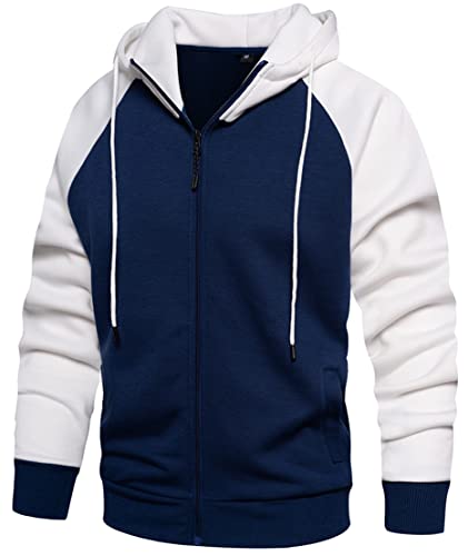 PADOLA Kapuzenpullover Herren Zip Up Hoodie Farbblock Übergangsjacke Langarm Pullover Patschwork Winterjacke Fleecejacke Warm Sweatshirt Sweatjacke Strickjacke Hoodie Y2K (Blau Weiß, XXL) von PADOLA
