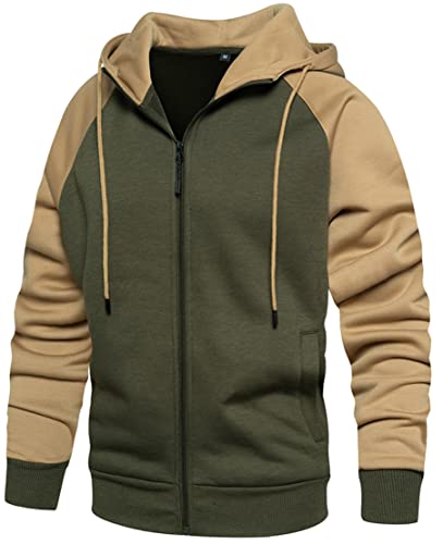 PADOLA Herren Kapuzenpullover mit Fleece Patchwork Winter Pullover Langarm Farbblock Basic Strickjacke mit Kapuze Sport Winterspulli mit Tasche Warm Hoodie Mantel (Braun grün, S) von PADOLA