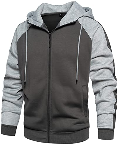 PADOLA Herren Kapuzenpullover mit Fleece Patchwork Winter Pullover Langarm Farbblock Basic Strickjacke mit Kapuze Sport Winterspulli mit Tasche Warm Hoodie Mantel (Grau Weiß, L) von PADOLA