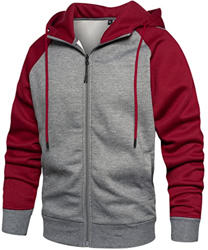 PADOLA Herren Kapuzenpullover mit Fleece Patchwork Winter Pullover Langarm Farbblock Basic Strickjacke mit Kapuze Sport Winterspulli mit Tasche Warm Hoodie Mantel (Rot Grau, L) von PADOLA