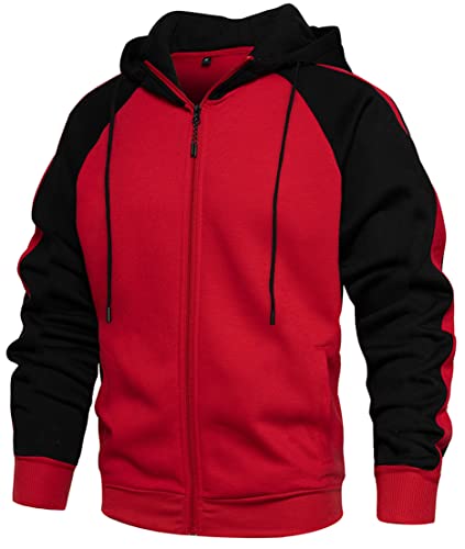 PADOLA Herren Kapuzenpullover mit Fleece Patchwork Winter Pullover Langarm Farbblock Basic Strickjacke mit Kapuze Sport Winterspulli mit Tasche Warm Hoodie Mantel (Rot Schwarz, L) von PADOLA