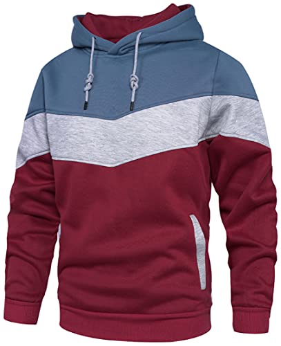 PADOLA Herren Kapuzenpullover Patchwork Pullover Camouflage Hoodie Y2K Langarm Farbblock Sweatshirt Winter Warm Strickjacke Basic Winterjacke Kordelzug Sweatjacke Geschenke (Weinrot, XL) von PADOLA