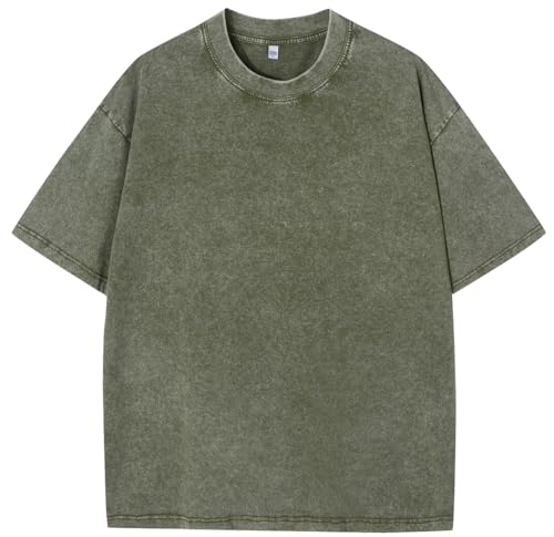 PADOLA T-Shirts für Herren Oversized Tshirt Herren Baumwolle T Shirt Ausgewaschenes Vintage T-Shirt Oversize Shirt Used-Look Basic Tshirt Retro Hip Hop Shirt Übergroßes Sommer Tops (3 Grün, XL) von PADOLA