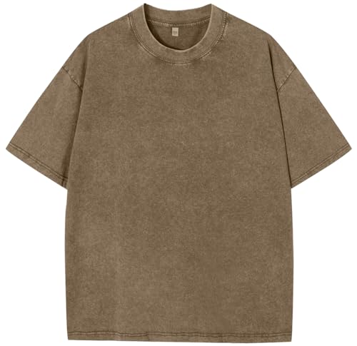 PADOLA Oversized T-Shirts Herren Heavy Baumwolle T-Shirts Ausgewaschene T-Shirt Vintage Look Basic T-Shirts Übergroßes Sportshirt Washed T-Shirt Hip Hop Sommer Top (3 Khaki, XL) von PADOLA