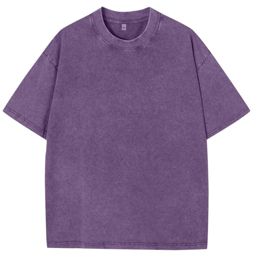 PADOLA Oversized T-Shirts Herren Heavy Baumwolle T-Shirts Ausgewaschene T-Shirt Vintage Look Basic T-Shirts Übergroßes Sportshirt Washed T-Shirt Hip Hop Sommer Top (4 Lila, M) von PADOLA