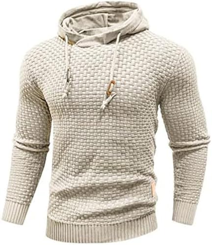 PADOLA Hoodie Herren Langarm Plaid Jacquard Pullover mit Kordelzug Gestricktes Sweatshirt mit Kaputze Knitted Kapuzenpullover Herbst Basic Arbeitspullover Sweatshirts Übergangspulli (3XL, 1 Beige) von PADOLA