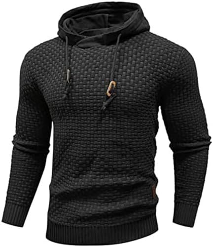 PADOLA Hoodie Herren Langarm Plaid Jacquard Pullover mit Kordelzug Gestricktes Sweatshirt mit Kaputze Knitted Kapuzenpullover Herbst Basic Arbeitspullover Sweatshirts Übergangspulli (L, Schwarz) von PADOLA