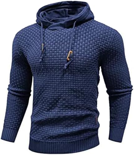 PADOLA Hoodie Herren Langarm Plaid Jacquard Pullover mit Kordelzug Gestricktes Sweatshirt mit Kaputze Knitted Kapuzenpullover Herbst Basic Arbeitspullover Sweatshirts Übergangspulli (M, Marineblau) von PADOLA