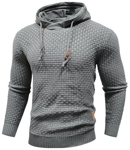 PADOLA Hoodie Herren Langarm Plaid Jacquard Pullover mit Kordelzug Gestricktes Sweatshirt mit Kaputze Knitted Kapuzenpullover Herbst Basic Arbeitspullover Sweatshirts Übergangspulli (XL, 1 Grau) von PADOLA