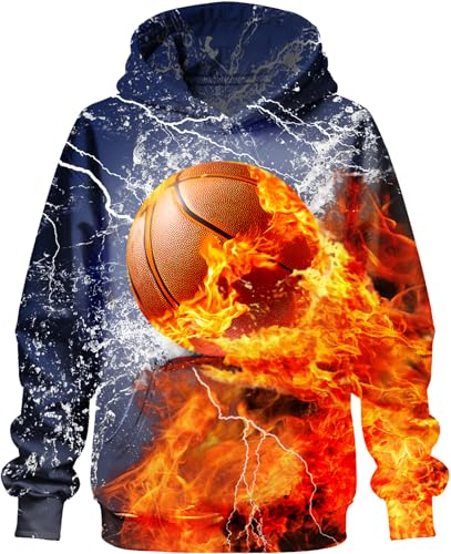PADOLA Hoodie Kinder 3D Druck Kapuzenpullover für Jungen 5-14 Jahren Kinder Hoodie Sport Motiv Langarmshirt Lustiger Pullover Gedrucktes Sweatshirt Activewear Fußball Hoodies (M, 6 Basketball) von PADOLA