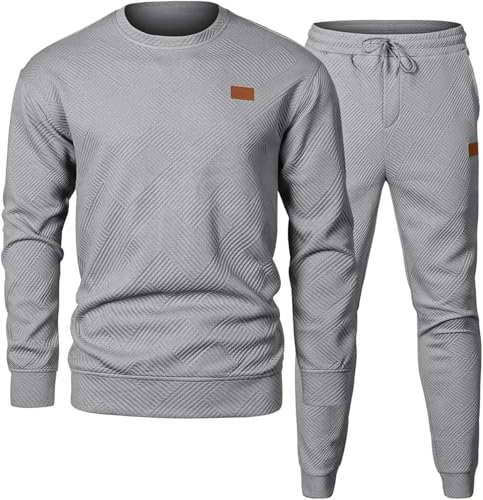 PADOLA Jogginganzug Herren 2 Teiliger Trainingsanzug Herbst Sportanzug Jacquard Pullover Rundhals Sweatshirt mit Jogginghose Winter Tracksuit Freizeitanzug Casual Set Streetwear (Grau, XXL) von PADOLA