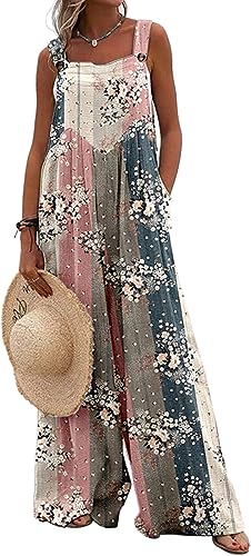 PADOLA Jumpsuit Damen Sommer Hosenanzug mit Tasche Overall Blumenmuster Ärmellose Latzhose Vintage Baggy Floral Gedruckt Playsuit Oversize Casual Haremshose (0 Blumen, M) von PADOLA