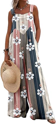 PADOLA Jumpsuit Damen Sommer Hosenanzug mit Tasche Overall Blumenmuster Ärmellose Latzhose Vintage Baggy Floral Gedruckt Playsuit Oversize Casual Haremshose (1 Weiße Blumen, M) von PADOLA