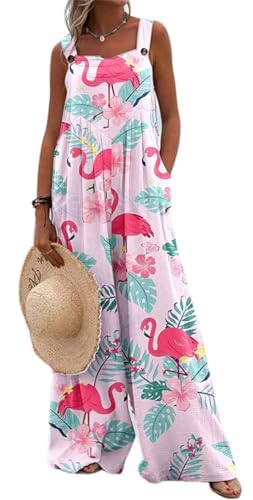 PADOLA Jumpsuit Damen Sommer Hosenanzug mit Tasche Overall Blumenmuster Ärmellose Latzhose Vintage Baggy Floral Gedruckt Playsuit Oversize Casual Haremshose (Flamingo, S) von PADOLA