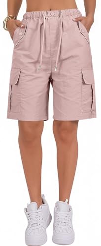 PADOLA Kurze Hose Damen Knielang Sommer Schnelltrocknende Shorts mit 4 Taschen Elastische Taille Cargoshorts Kordelzug Bermuda Einfarbige Stoffhose Wandershorts Funktionsshorts (2 Pink, S) von PADOLA