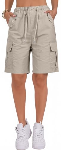 PADOLA Kurze Hose Damen Knielang Sommer Schnelltrocknende Shorts mit 4 Taschen Elastische Taille Cargoshorts Kordelzug Bermuda Einfarbige Stoffhose Wandershorts Funktionsshorts (1 Beige, L) von PADOLA