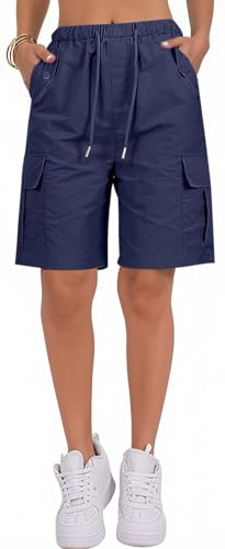 PADOLA Kurze Hose Damen Knielang Sommer Schnelltrocknende Shorts mit 4 Taschen Elastische Taille Cargoshorts Kordelzug Bermuda Einfarbige Stoffhose Wandershorts Funktionsshorts (2 Blau, L) von PADOLA