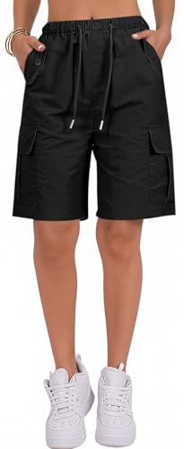 PADOLA Kurze Hose Damen Knielang Sommer Schnelltrocknende Shorts mit 4 Taschen Elastische Taille Cargoshorts Kordelzug Bermuda Einfarbige Stoffhose Wandershorts Funktionsshorts (0 Schwarz, L) von PADOLA