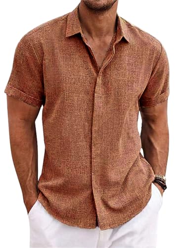 PADOLA Leinenhemd Herren Kurzarm Button Down Musselin Hemd Sommer Hemden Einfarbige Freizeithemden Baumwolle Strandhemd Regular Fit Linen Shirt Hawaii Hemd Overshirt Tshirt (5 Braun, XL) von PADOLA