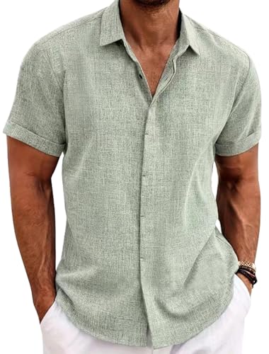 PADOLA Leinenhemd Herren Kurzarm Button Down Musselin Hemd Sommer Hemden Einfarbige Freizeithemden Baumwolle Strandhemd Regular Fit Linen Shirt Hawaii Hemd Overshirt Tshirt (0 Hellgrün, S) von PADOLA