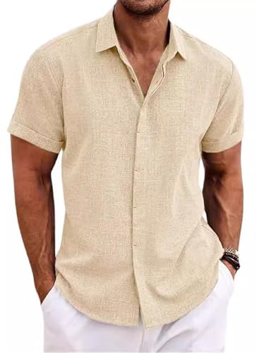 PADOLA Leinenhemd Herren Kurzarm Button Down Musselin Hemd Sommer Hemden Einfarbige Freizeithemden Baumwolle Strandhemd Regular Fit Linen Shirt Hawaii Hemd Overshirt Tshirt (0 Beige, L) von PADOLA