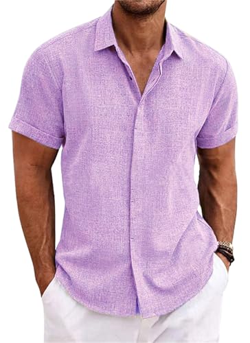 PADOLA Leinenhemd Herren Kurzarm Button Down Musselin Hemd Sommer Hemden Einfarbige Freizeithemden Baumwolle Strandhemd Regular Fit Linen Shirt Hawaii Hemd Overshirt Tshirt (1 Lila, L) von PADOLA