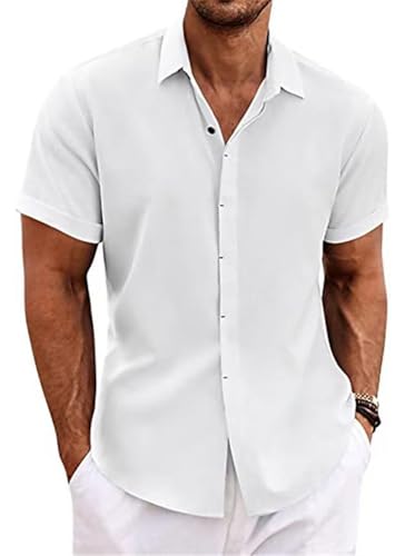 PADOLA Leinenhemd Herren Kurzarm Button Down Musselin Hemd Sommer Hemden Einfarbige Freizeithemden Baumwolle Strandhemd Regular Fit Linen Shirt Hawaii Hemd Overshirt Tshirt (4 Weiß, L) von PADOLA
