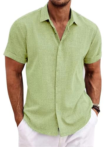 PADOLA Leinenhemd Herren Kurzarm Button Down Musselin Hemd Sommer Hemden Einfarbige Freizeithemden Baumwolle Strandhemd Regular Fit Linen Shirt Hawaii Hemd Overshirt Tshirt (4 Grasgrün, L) von PADOLA