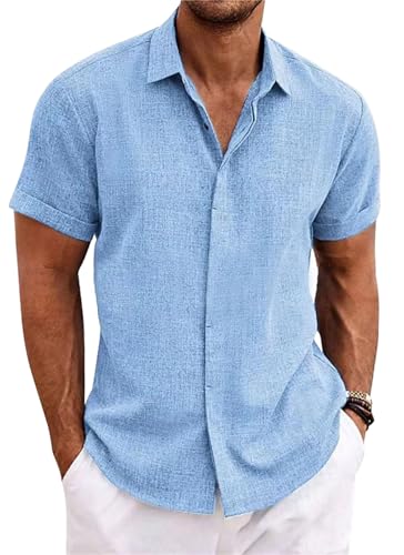 PADOLA Leinenhemd Herren Kurzarm Button Down Musselin Hemd Sommer Hemden Einfarbige Freizeithemden Baumwolle Strandhemd Regular Fit Linen Shirt Hawaii Hemd Overshirt Tshirt (2 Blau, S) von PADOLA