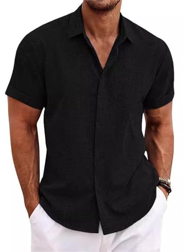 PADOLA Leinenhemd Herren Kurzarm Button Down Musselin Hemd Sommer Hemden Einfarbige Freizeithemden Baumwolle Strandhemd Regular Fit Linen Shirt Hawaii Hemd Overshirt Tshirt (3 Schwarz, L) von PADOLA