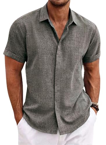 PADOLA Leinenhemd Herren Kurzarm Button Down Musselin Hemd Sommer Hemden Einfarbige Freizeithemden Baumwolle Strandhemd Regular Fit Linen Shirt Hawaii Hemd Overshirt Tshirt (4 Grau, M) von PADOLA