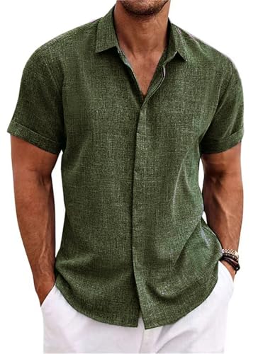 PADOLA Leinenhemd Herren Kurzarm Button Down Musselin Hemd Sommer Hemden Einfarbige Freizeithemden Baumwolle Strandhemd Regular Fit Linen Shirt Hawaii Hemd Overshirt Tshirt (5 Armeegrün, L) von PADOLA