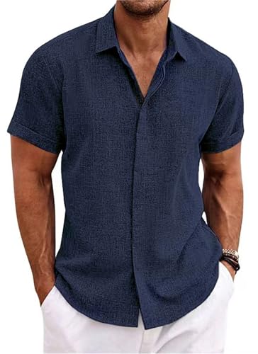 PADOLA Leinenhemd Herren Kurzarm Button Down Musselin Hemd Sommer Hemden Einfarbige Freizeithemden Baumwolle Strandhemd Regular Fit Linen Shirt Hawaii Hemd Overshirt Tshirt (2 Marineblau, XL) von PADOLA