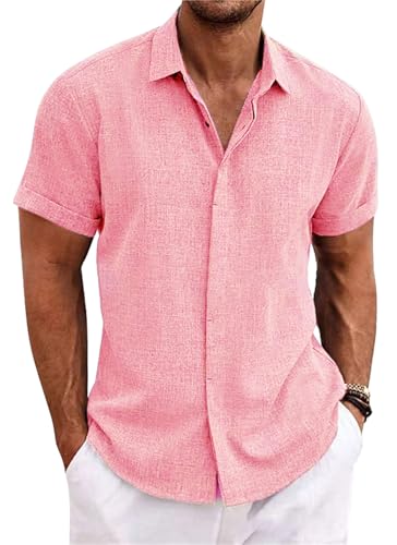 PADOLA Leinenhemd Herren Kurzarm Button Down Musselin Hemd Sommer Hemden Einfarbige Freizeithemden Baumwolle Strandhemd Regular Fit Linen Shirt Hawaii Hemd Overshirt Tshirt (Rosa, XL) von PADOLA