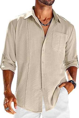 PADOLA Leinenhemd Herren Langarm Button Down Hemden mit Brusttasche Regular Fit Freizeithemden für Herren mit Spitze Baumwolle Hemd Einfarbige Langarmshirts Oberhemden (2 Beige, XL) von PADOLA