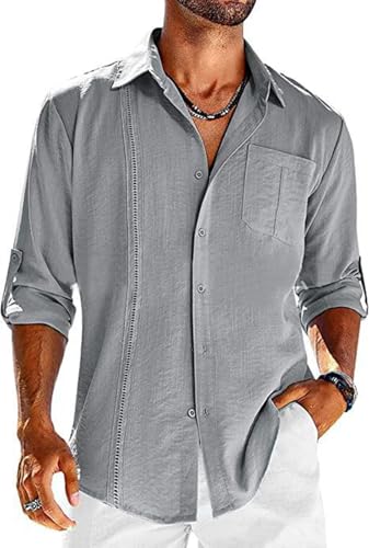 PADOLA Leinenhemd Herren Langarm Button Down Hemden mit Brusttasche Regular Fit Freizeithemden für Herren mit Spitze Baumwolle Hemd Einfarbige Langarmshirts Oberhemden (2 Grau, XL) von PADOLA