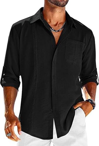 PADOLA Leinenhemd Herren Langarm Button Down Hemden mit Brusttasche Regular Fit Freizeithemden für Herren mit Spitze Baumwolle Hemd Einfarbige Langarmshirts Oberhemden (0 Schwarz, XL) von PADOLA