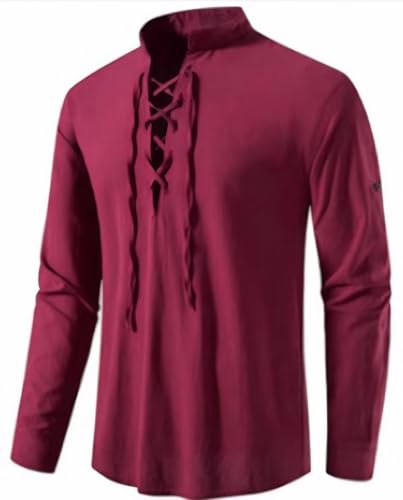 PADOLA Herren Leinenhemd Vintage Mittelalter Hemd mit Schnürung Wikinger Hemd Langarm Steampunk Piratenkostüm Karneval Halloween Kostüm Freizeithemden für Herren Henley Shirt Weinrot XL von PADOLA