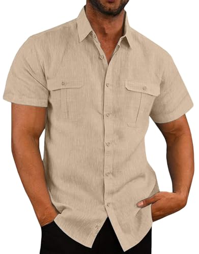 PADOLA Leinenhemd Herren Sommer Hemd Kurzarm Button Down Cargo Arbeitshemd mit Brusttaschen Baumwolle Freizeithemden für Herren Regular Fit Strandhemd Einfarbiges T Shirt (0 Beige, XL) von PADOLA