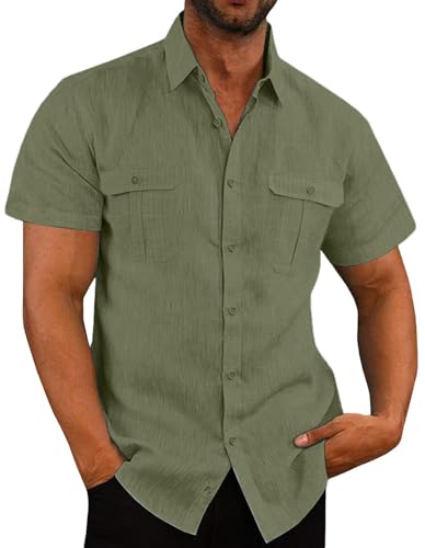 PADOLA Leinenhemd Herren Sommer Hemd Kurzarm Button Down Cargo Arbeitshemd mit Brusttaschen Baumwolle Freizeithemden für Herren Regular Fit Strandhemd Einfarbiges T Shirt (2 Armeegrün, 3XL) von PADOLA