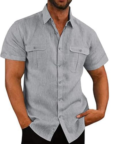PADOLA Kurzarm Sommer Leinenhemd Herren Button Down Hemd Regular Fit Cargo Arbeitshemd mit Brusttaschen Einfarbige Freizeithemden für Herren Strandhemd (Grau, L) von PADOLA