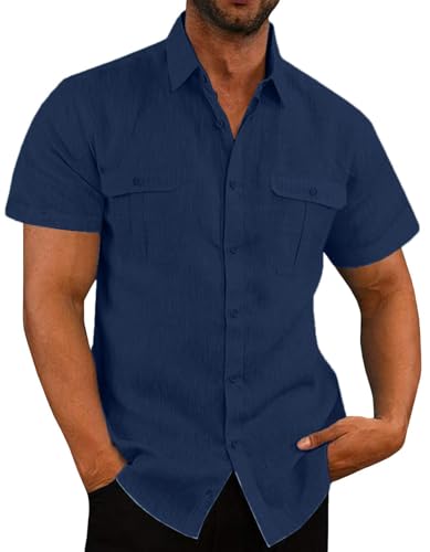 PADOLA Leinenhemd Herren Sommer Hemd Kurzarm Button Down Cargo Arbeitshemd mit Brusttaschen Baumwolle Freizeithemden für Herren Regular Fit Strandhemd Einfarbiges T Shirt (3 Marineblau, XL) von PADOLA